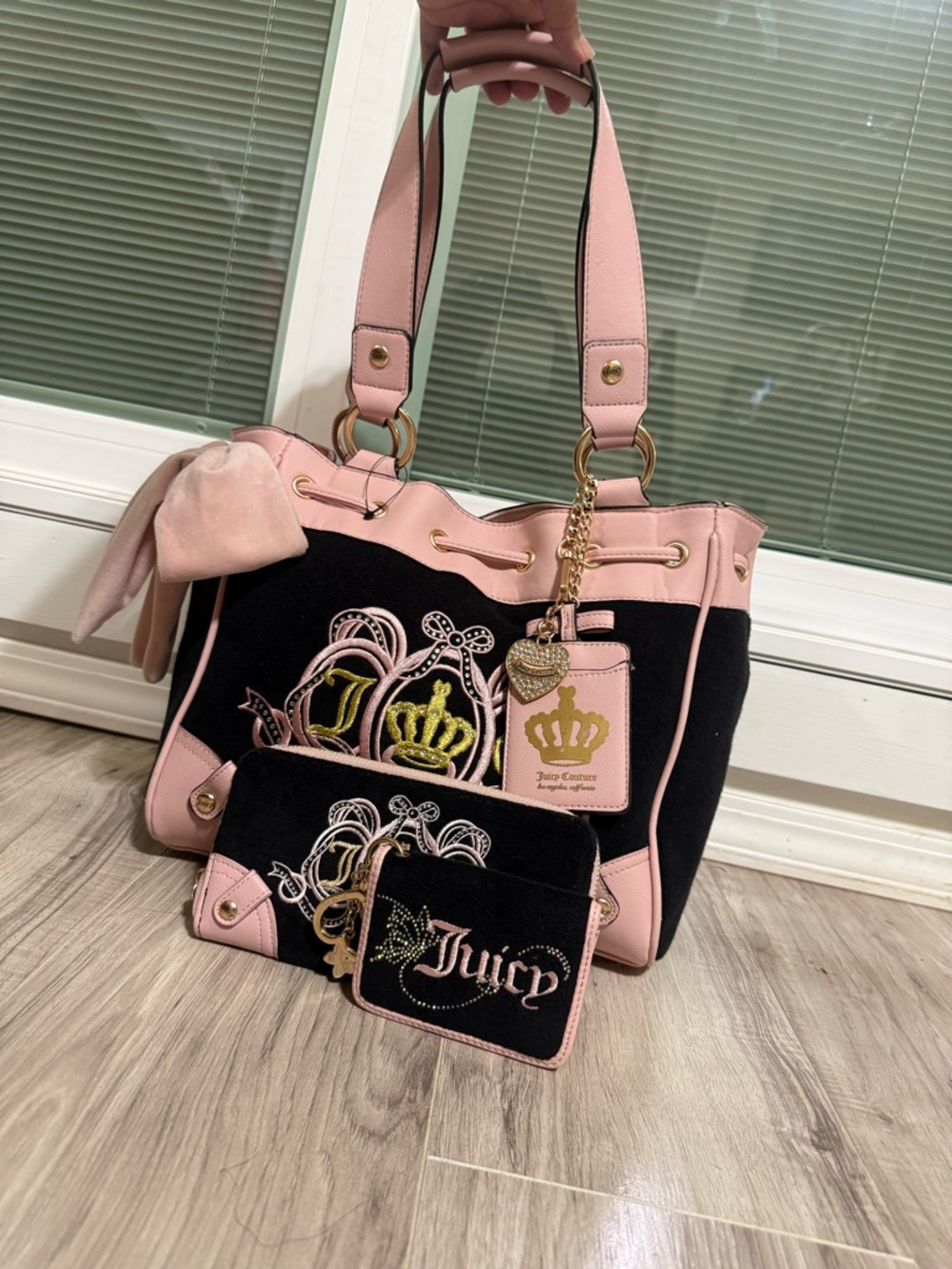 Juicy Couture Black & Pink Embroidered Tote with Matching Wallet